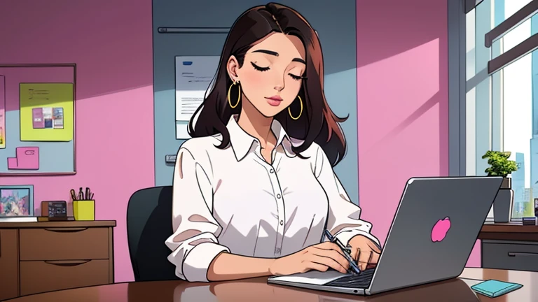 Beautiful dark-haired woman in her 30s sitting pink chair in an spacious and colorful office. looking down and closing her eyes, relaxed atmosphere, cozy, LOFI girl, alone in the room, white blouse, desk, documents, laptop, pen, watch, smartphone, stationery, wide glass window, only five fingers, New York, colorful, well-proportioned face, I can see skyscrapers outside the window, Colorful wall, pierced earrings, She is fashionable, ring, cabinet, In the background there are many desks and people