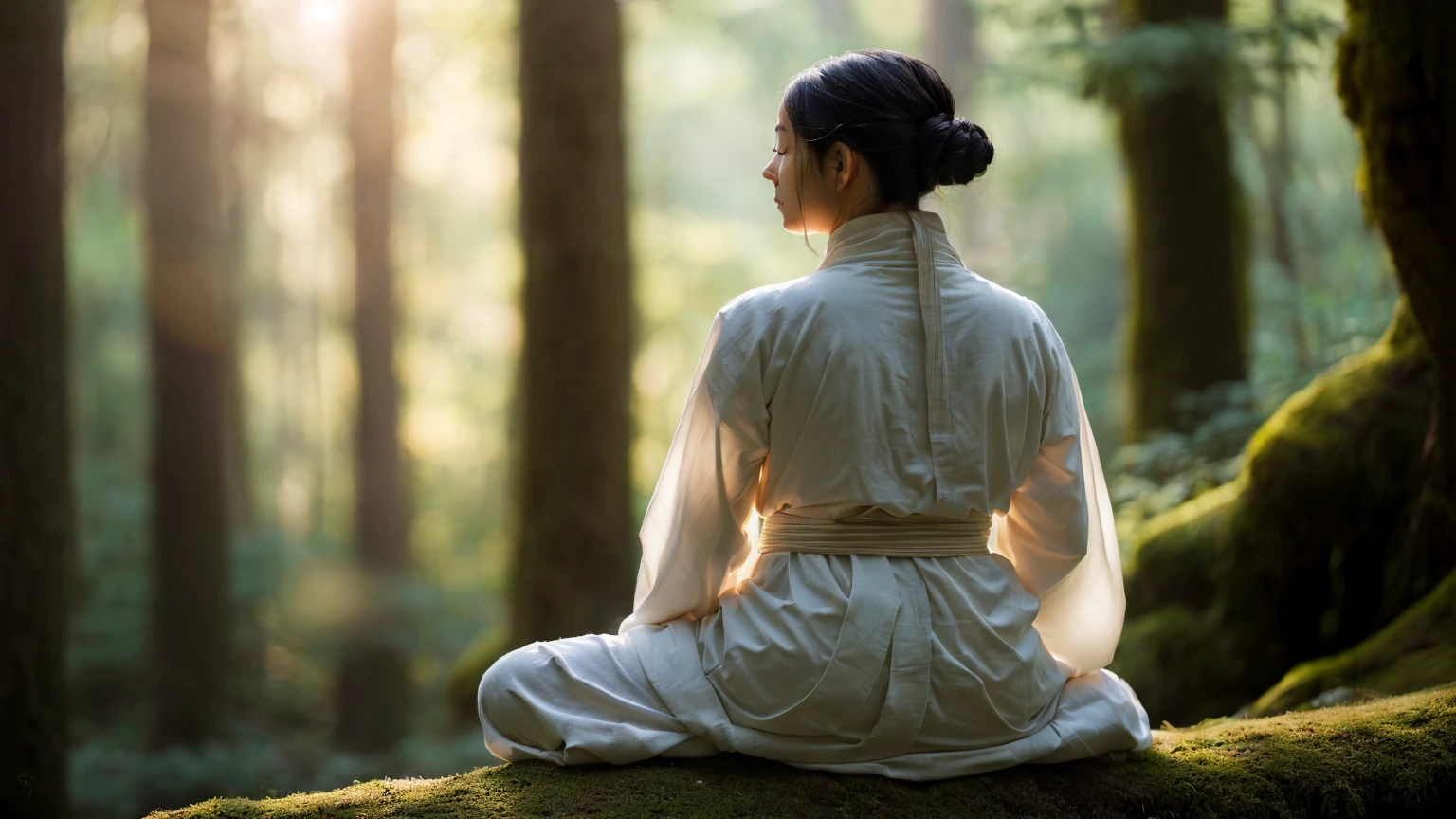 arafed woman sitting in a meditation position in a forest, zen meditation, monk meditates, meditation, meditation, praying meditation, Portraits, figure meditation close shot, meditation pose, hindu stages of meditation, meditation pose, powerful zen composition, Floating in a powerful zen state, Bright morning light, Peaceful Expression, Buddhist, Zen, Calm expression
