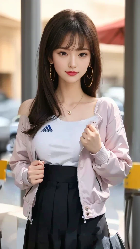 White Sweatshirt Clothes、Black Skirt、Button-colored jacket、skin、腕は開けたButton-colored jacket、White innerwear