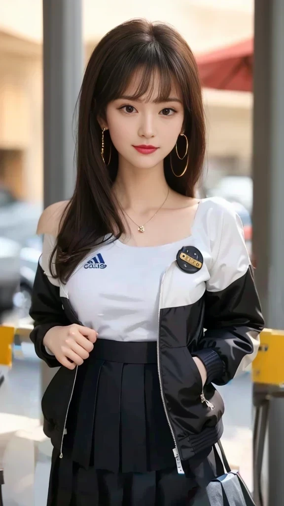 White Sweatshirt Clothes、Black Skirt、Button-colored jacket、skin、腕は開けたButton-colored jacket、White innerwear