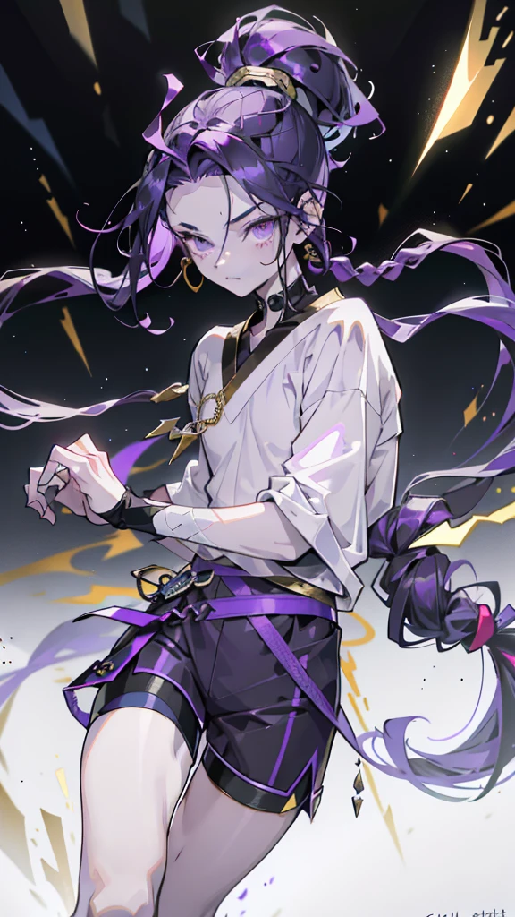 cheerful boy with open forehead. dark purple hair braided in a ponytail on the left side to one side. sinuous black horns wrapped in dark purple ribbon. pale violet eyes. in short dark purple shorts. long white T-shirt. dark purple knee-high socks. a white long robe with a hood flutters in the wind. black ancient stone walls of the castle purple light from lamps with gold ornaments