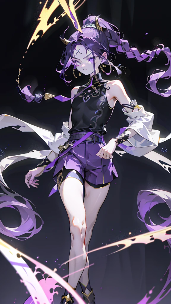 cheerful boy with open forehead. dark purple hair braided in a ponytail on the left side to one side. sinuous black horns wrapped in dark purple ribbon. pale violet eyes. in short dark purple shorts. long white T-shirt. dark purple knee-high socks. a white long robe with a hood flutters in the wind. black ancient stone walls of the castle purple light from lamps with gold ornaments