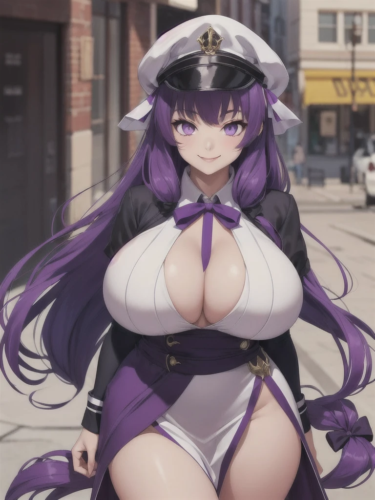 1girl, dress, (purple hair, purple eyes:1), long hair, mob cap, ribbon, dress, smile, massive breasts, chubby, wide hips