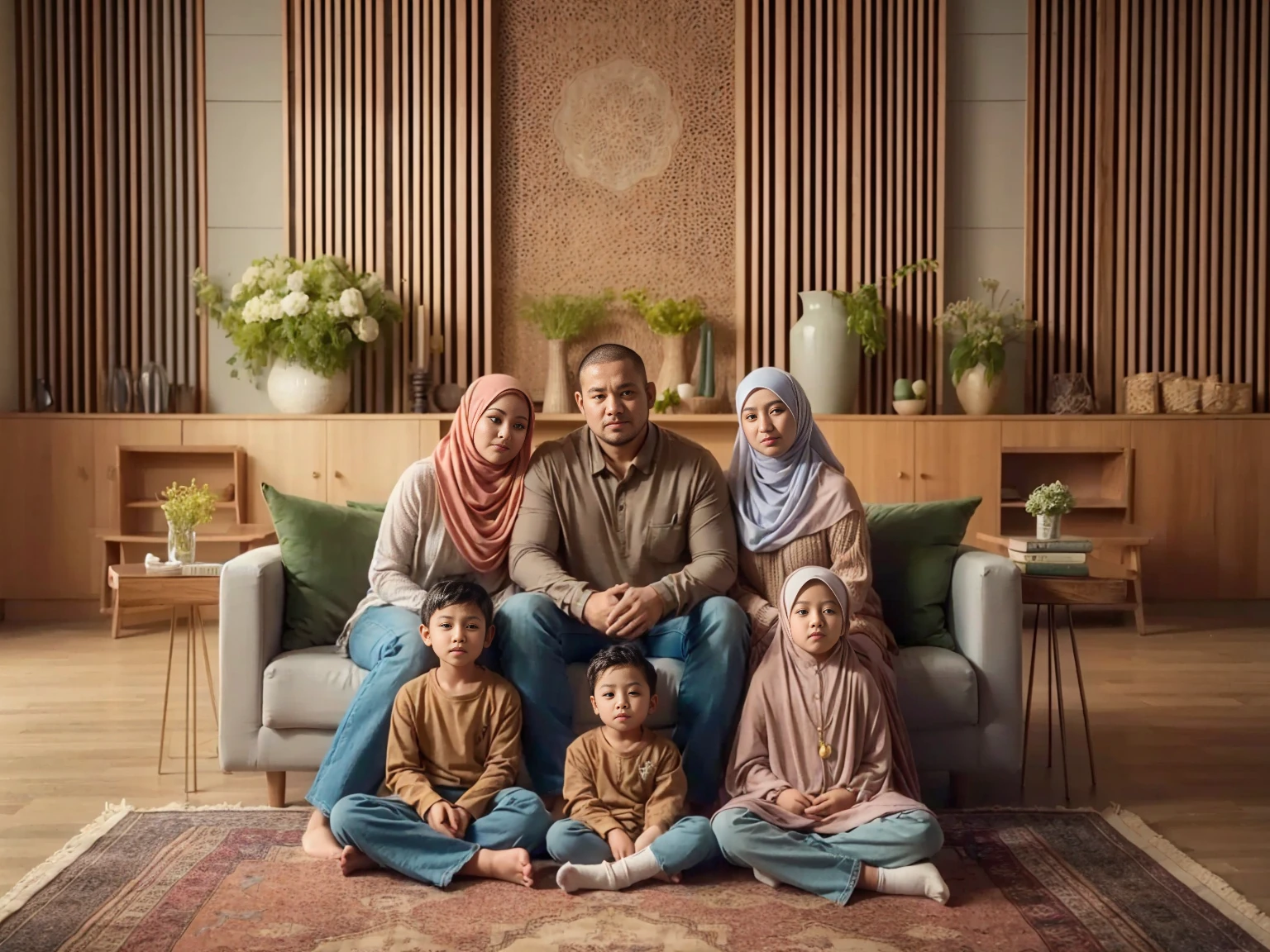 Indoor Photography, close up, 5 people, Indonesian couple aged 38 sitting on a sofa, a slightly overweight man with short buzz hair and a woman wearing a long compliant pashmina hijab holding a aged 4 ddler boy, in front of them on carpets sits a girl aged 18 and a girl aged 12oth wearing hijab, and a litt aged 6, all in casual clothes, set in a minimalist home with wooden patterned walls, warm pose, green flower vases, side tables, fresh color, 8k, photography, UHD.