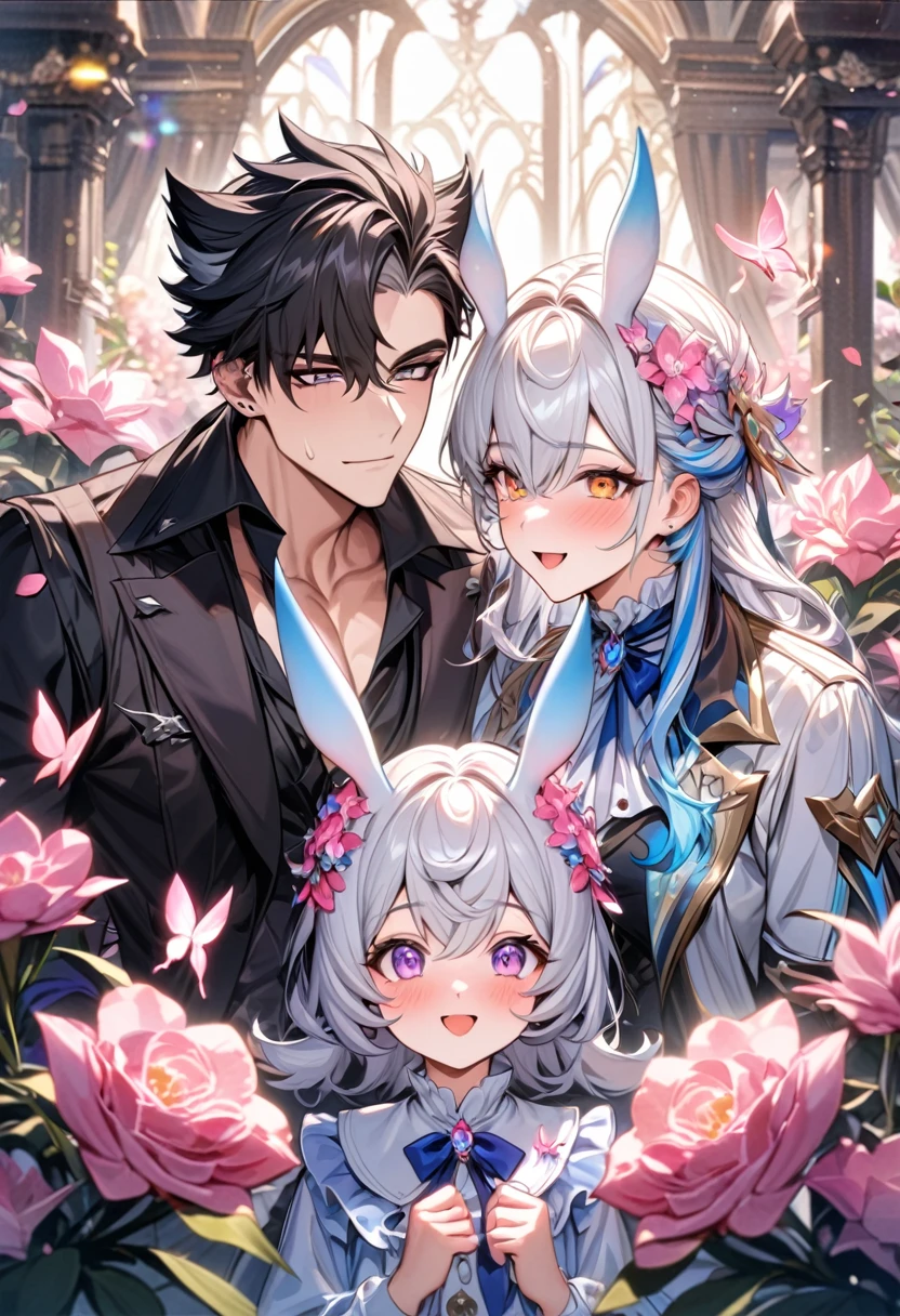 (absurdres, highres, ultra detailed, HDR) master piece, best quality, perfect face, Wriothesley, black hair, expressive gray eyes, genshin impact, happy, Neuvillette, white hair, expressive purple eyes, Sigewinne, blue hair, expressive orange eyes, two handsome men together, a girl with two men, family of three, gay couple, yaoi, pink flowers, glass pink petals, glass pink butterflies, glass garden, glass blossoms, everything made with glass