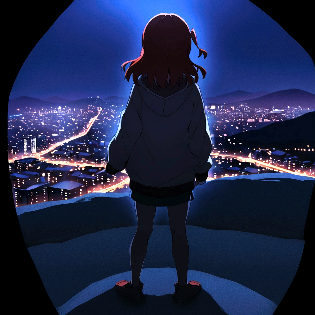 Kita Ikuyo, POV back view, Hoodie, standing, full body, at the mountain with city night background 