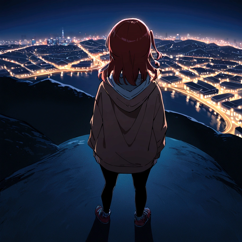 Kita Ikuyo, POV back view, Hoodie, standing, full body, at the mountain with city night background 