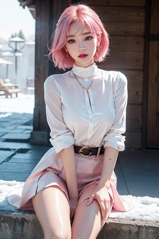 1 girl, Korean model, extremely beautiful, perfect body. Photo taken with Canon EOS R5 85mm f/11 Camera, ((sharp)) mode of people and surrounding scenery. Image quality ((8K)), ((lifelike)), ((masterpiece)), ((sharp and highest contrast)), ((great depth of field)), ((light stereolithography)). ((Pink hair)), long and smooth, the wind blows it beautifully under the bright sunlight. Beautiful face, perfect and sexy, holy, perfectly balanced, ((beautiful in every detail)), ((shiny)), ((high-end cosmetic makeup)), ((shiny bright, radiant)). Bright smile, pure white teeth and details. Seductive glossy red lips, ((brilliant glossy red lipstick)). The eyes are brown, glossy, seductive, ((sharp makeup)), realistic, ((wet eyes)) and detailed. Pink eyeshadow, long eyelashes, blush, high-end cosmetics. Two delicate eyelids, perfectly beautiful and detailed, black eyelashes. Eyebrows are curved, sparse, sharp and detailed. High and detailed nose. Cheeks are prominent and detailed. ((Ivory white, bright white skin)), detailed pores, ((shiny skin)), smooth, rosy, flawless skin texture. Long, shiny legs. Beautiful, perfect hands, ((no flaws)). ((Light shines directly on the face)), bright sunlight, ((shines light on the front part of the girl's body)).
Earrings, necklace, belt, ((thin shirt)), ((shiny leather skirt)), high heels, bracelets.
Girl standing on the street, ((white snow)), cold wind, icy, cold, numb, ((frozen)), snowflakes, lonely, magical, dreamy, waiting, ( (hope)), handle ((an ancient spear)).