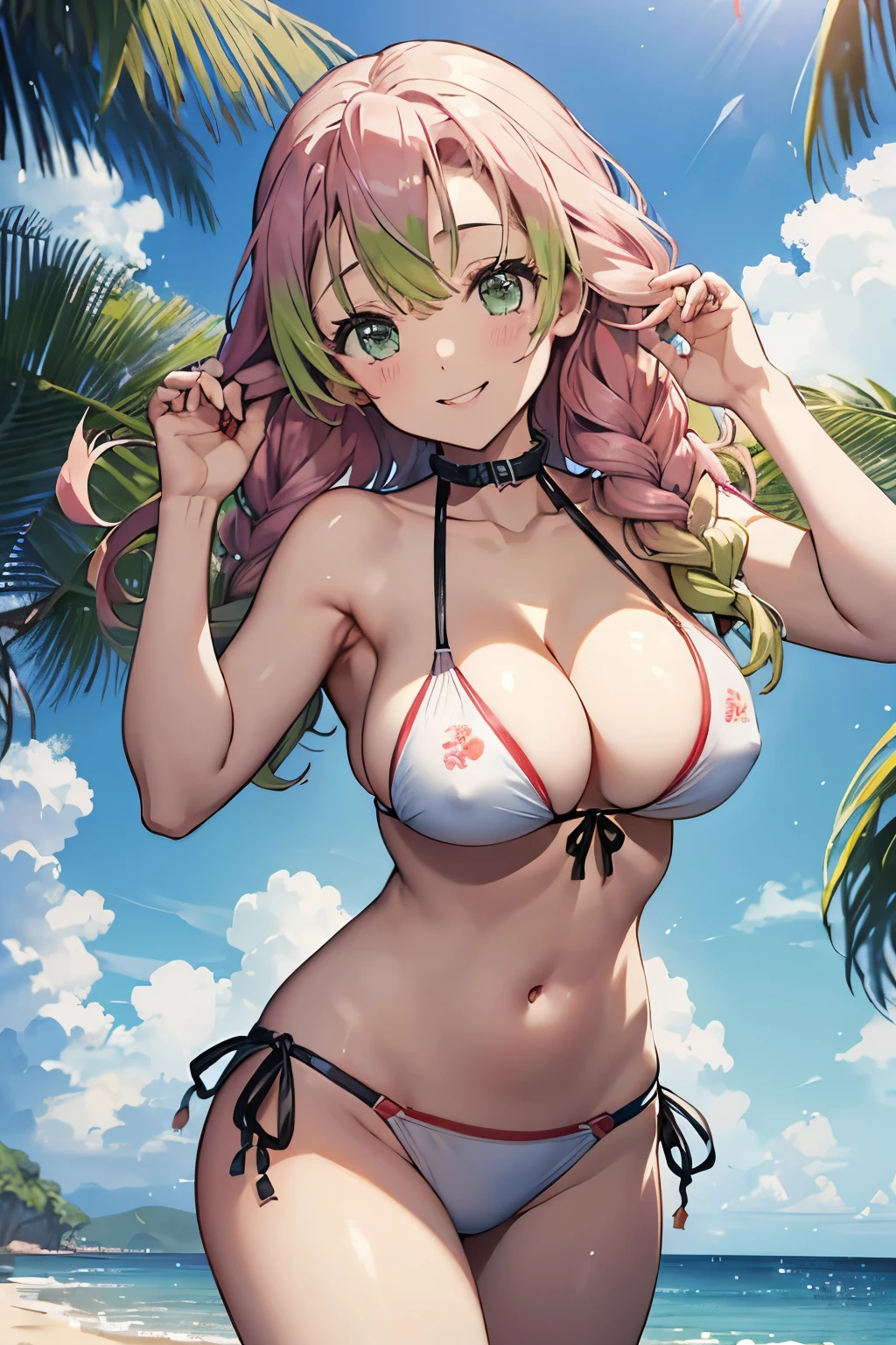 (8K、masterpiece、Highly detailed background、high resolution)、(Mitsuri Kanroji)、Cleavage、(beach、White Bikini、Swim ring、Gravure pose、Embarrassed smile、Nipple protrusion)