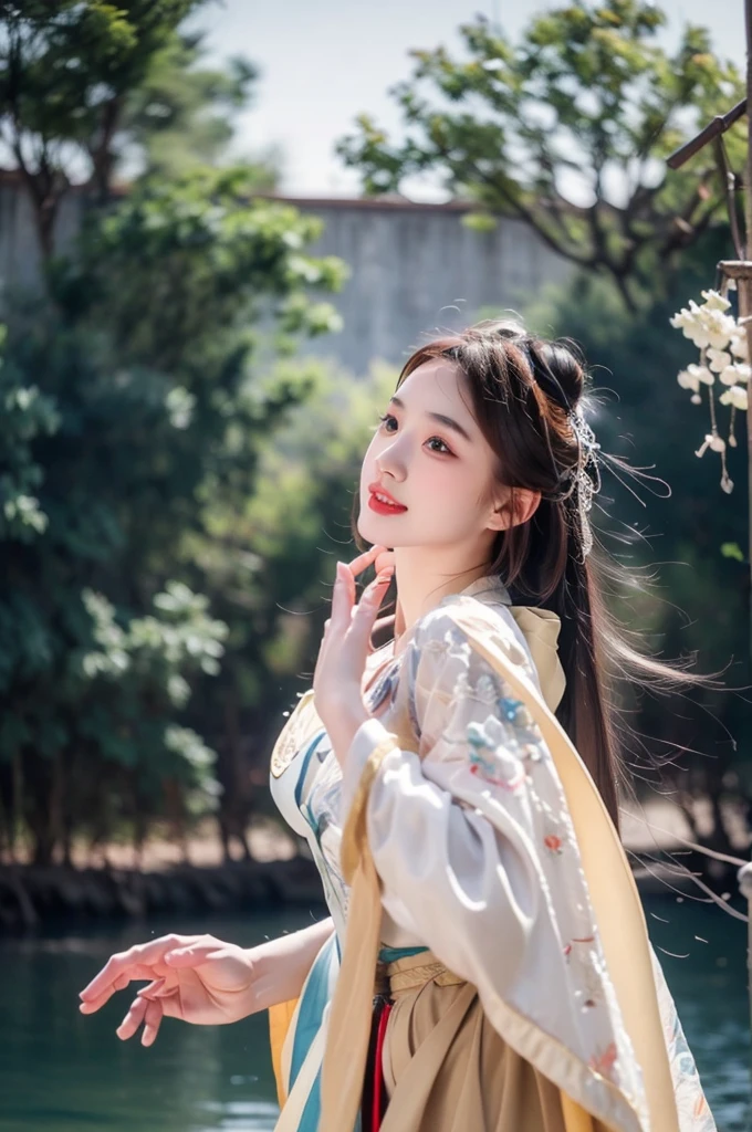 fullfbody of 1girl,  (8k, best quality, masterpiece), (realistic, photo-realistic:1.37), hanfu clothes, cute and innocent, turnaround pose, her skirt flowing, wind flow, slow shutter speed, at night chinese river, ultra-detailed, photorealism
