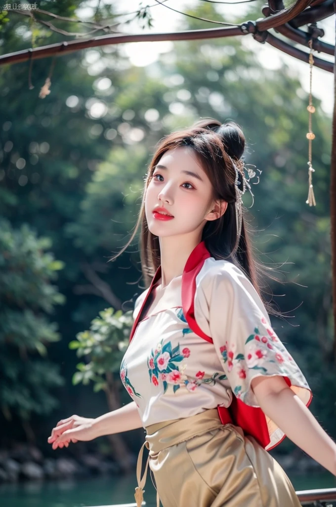 fullfbody of 1girl,  (8k, best quality, masterpiece), (realistic, photo-realistic:1.37), hanfu clothes, cute and innocent, turnaround pose, her skirt flowing, wind flow, slow shutter speed, at night chinese river, ultra-detailed, photorealism