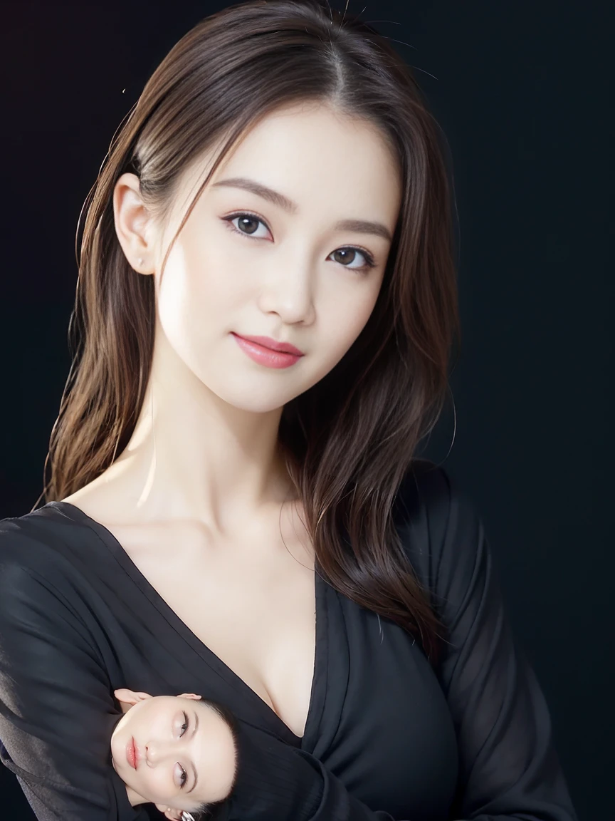 (Highest quality、Tabletop、8K、Best image quality、Award-winning works)、One beautiful woman、Beautiful and elegant long hair、Beautiful black hair、(alone:1.1)、(Perfect colorful V-neck long sleeve knit:1.4)、(The simplest black background:1.4)、とてもBig Breasts、Accentuate your body lines、Beautiful and exquisite、look at me、(Perfect Makeup:1.1)、Bright lipstick、Ultra-high definition beauty face、Ultra HD Hair、Ultra HD Shining Eyes、Ultra High Resolution Perfect Teeth、Super high quality glossy lip、Accurate anatomy、Very beautiful skin、Glowing skin in ultra-high resolution、An elegant upright posture when viewed from the front、(very bright and vivid:1.2)、(Slender body:1.2)、(Cleavage:1.1)、(Big Breasts:1.1)、Shiny, Bright lipstick、(Face close-up:1.2)、(58-year-old:1.4)、(Wrinkled adult face:1.5)、((Randomly oriented body))、West Shot、
