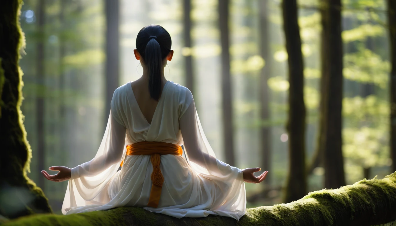 View from behind, A young female monk (Transparent silhouette:1.3), Meditation on a mossy tree in the forest, White soft flowing dress, Create a fantastic atmosphere, A wonderful interweaving of light and shadow, With a tranquil forest as the background, Bokeh, Shallow depth of field