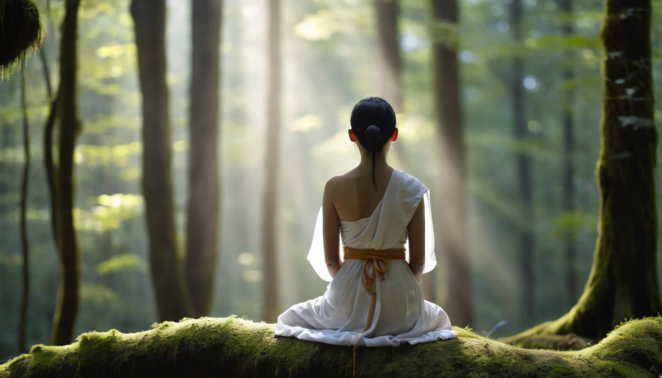 View from behind, A young female monk (Transparent silhouette:1.3), Meditation on a mossy tree in the forest, White soft flowing dress, Create a fantastic atmosphere, A wonderful interweaving of light and shadow, With a tranquil forest as the background, Bokeh, Shallow depth of field