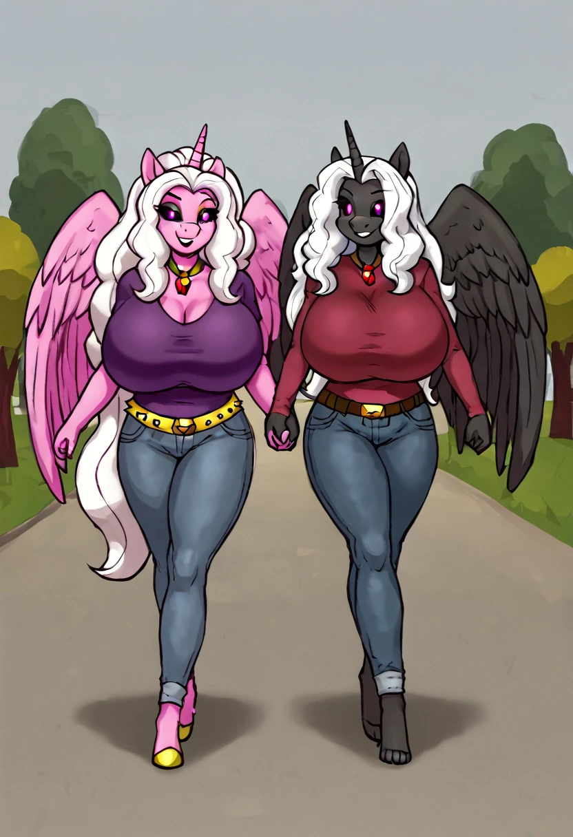 Bigger Alicorn princess mother of Adagio Dazzle , white mane,black sclera ,black body color long flowing mane pink eyes anthro huge breasts smiling ,clothing ,jeans lesbians holding arms, love couple , walking together trough park