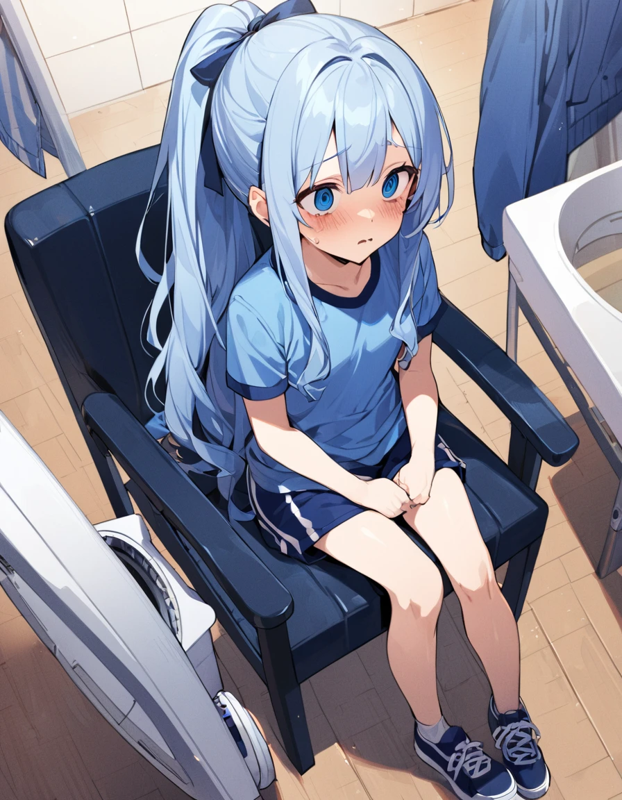 1girl,19 years old,blue-long-hair,high-ponytail,blue-eyes,(tall-stature:1.2),flat-chest,empty-eyes,anguish,school-gym-shirt,blue_track-pants,sitting on a chair in front of the clothes dryer,from_above,