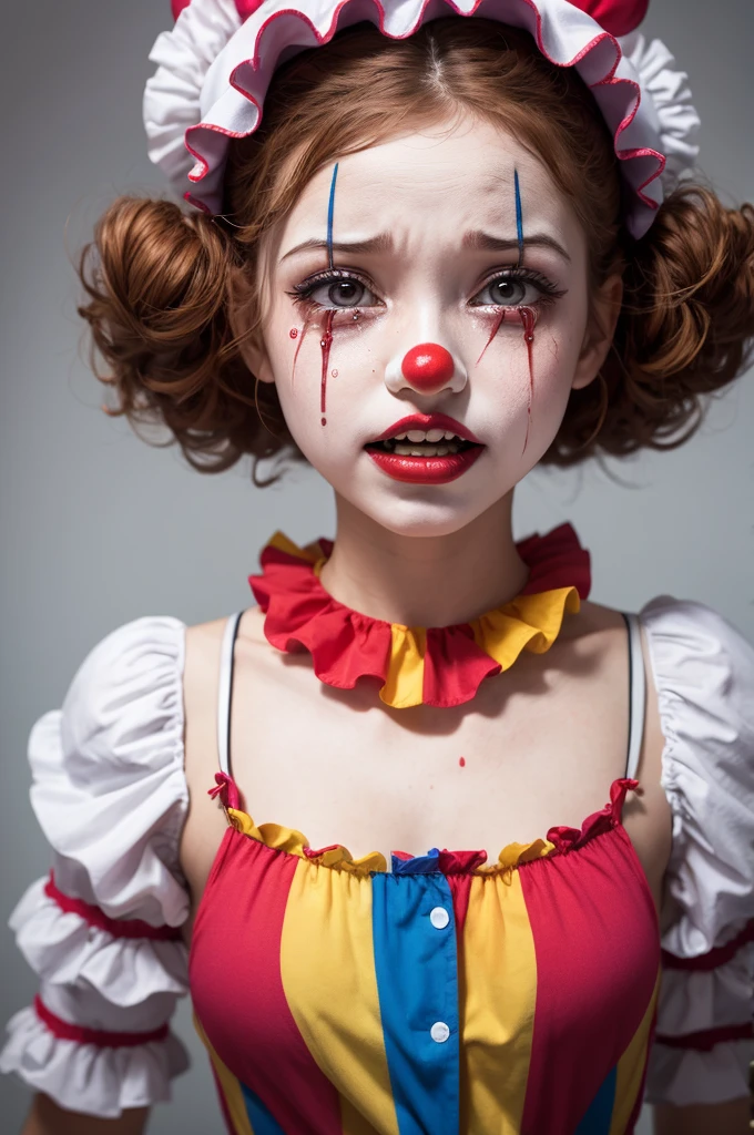 Girl dressed as a clown crying