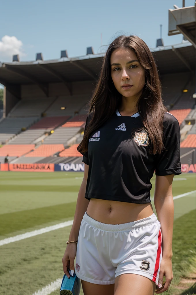 1girl in, 30 years old, Square face, Long hair, Looking at the viewer, jewelry, Realistic, Sexy, soccer team outfit, field background - stadium - stands, freestyle posec
