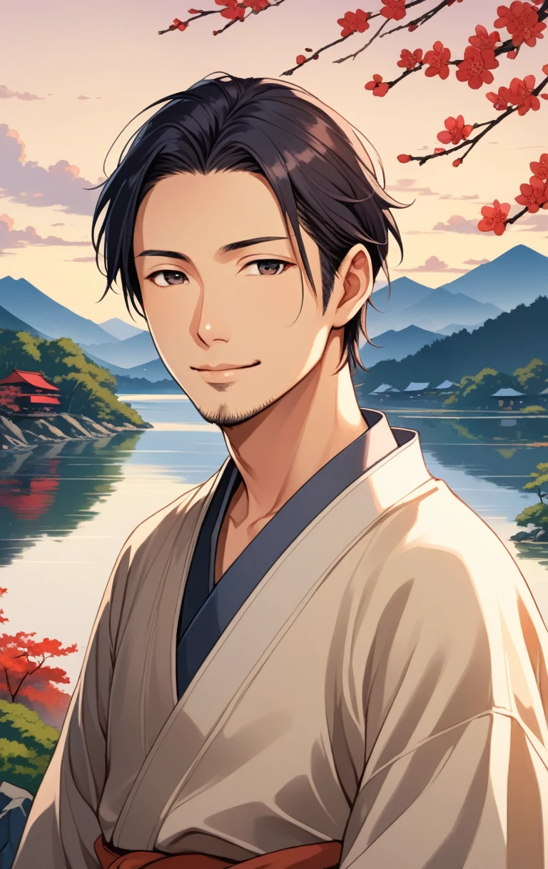gentle and warm illustration of a Japanese man in his early 30s, with a calm smile and a slightly melancholic look in his eyes. He wears simple and natural clothes. The background is a beautiful landscape where digital and nature are fused. The overall atmosphere should be calm and quiet, yet with a hint of hidden passion.