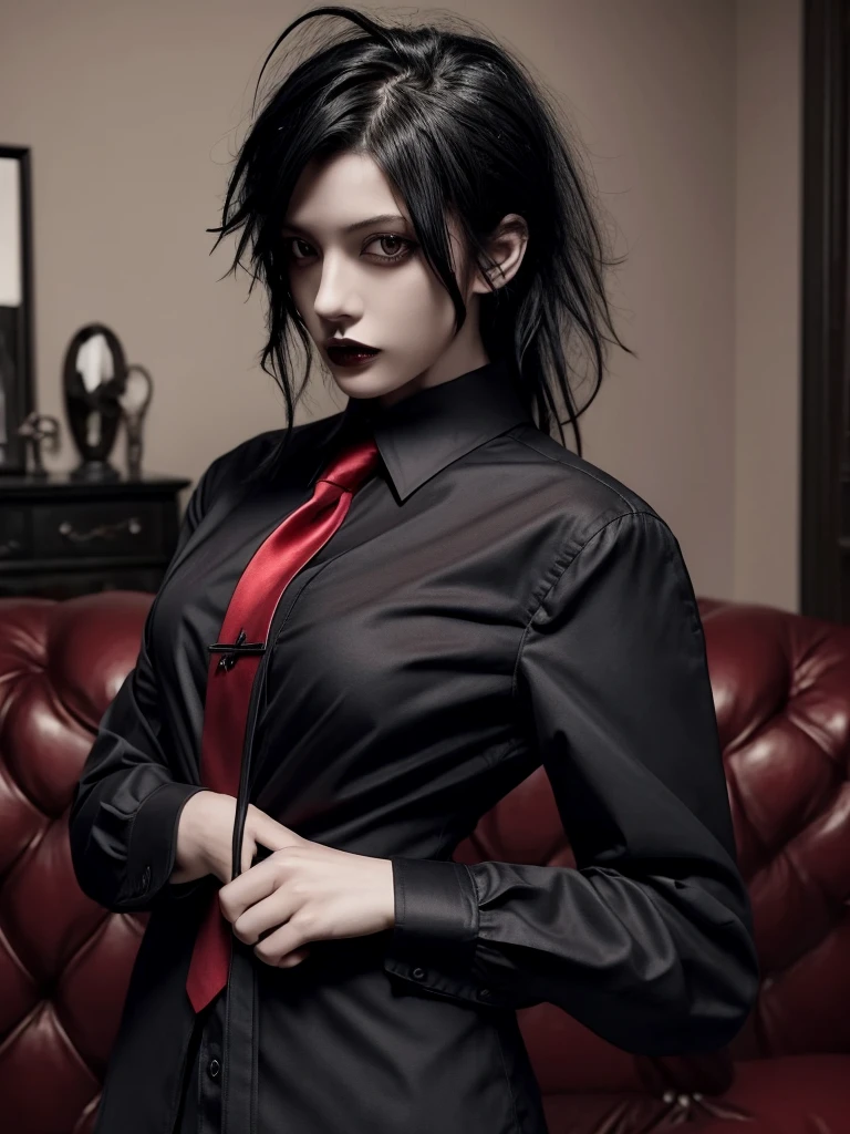 masterpiece, best quality, (dark photo:1.3), photorealistic, 1girl, black hair, goth punk, messy hair, bedhead, black collared shirt, red tie, living room