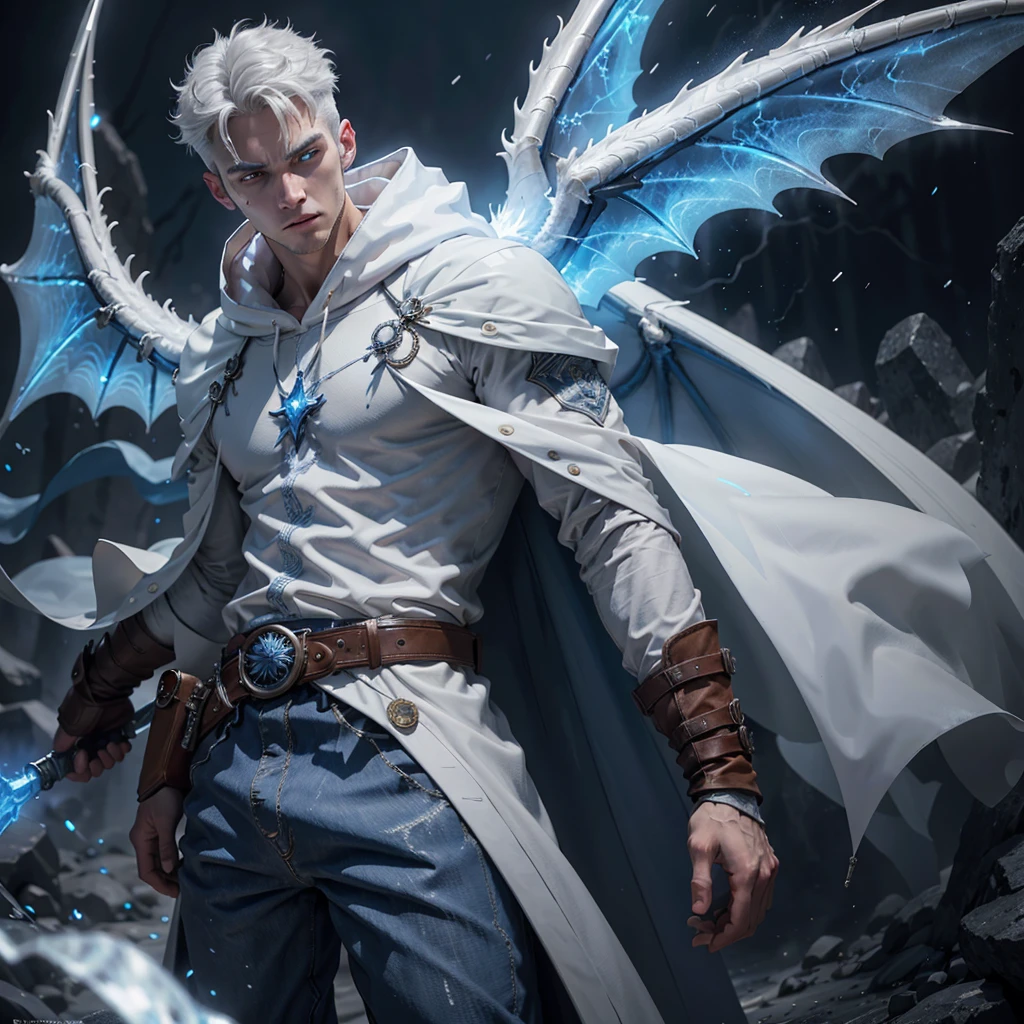 Design 1wizard man shooting a ice beam. Young man with a transparent hooded cape.Light gray hair. Glowing white eyes Wearing a white button-down shirt Wearing blue pants Wearing a brown belt Wearing short brown boots Wearing blue gloves on your hands. Dragon wings on his back. epic.cinematografico. powerfull