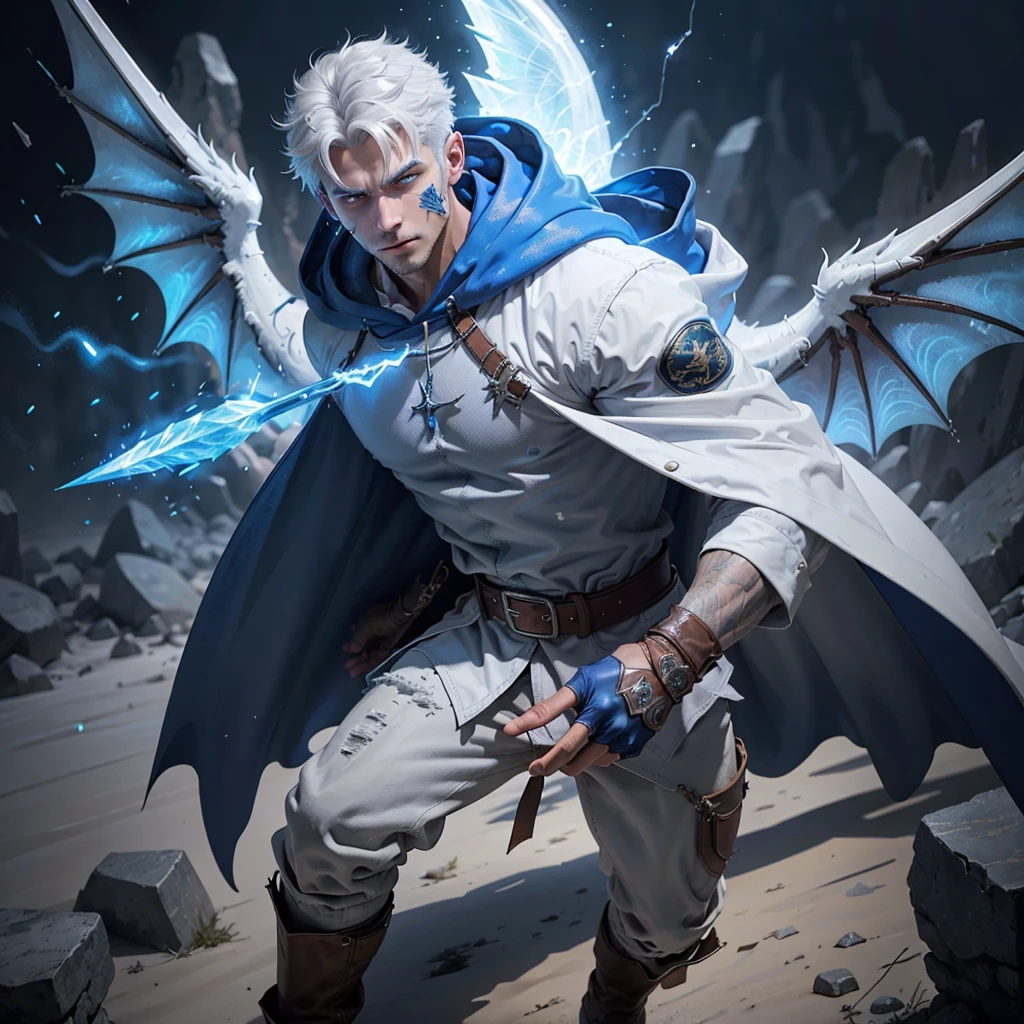 Design 1wizard man shooting a ice beam. Young man with a transparent hooded cape.Light gray hair. Glowing white eyes Wearing a white button-down shirt Wearing blue pants Wearing a brown belt Wearing short brown boots Wearing blue gloves on your hands. Dragon wings on his back. epic.cinematografico. powerfull