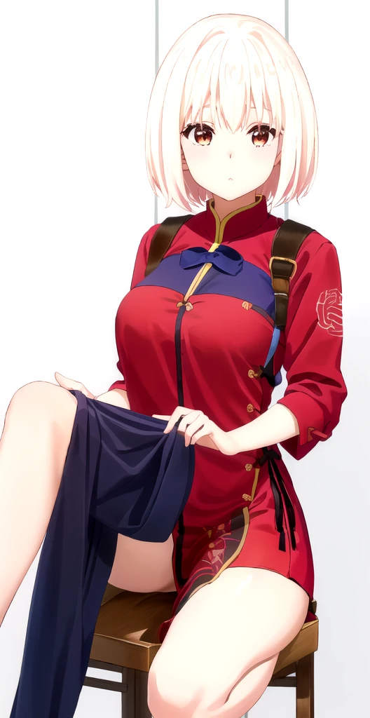 胸のI can see the valley、Panties are slightly visible、China dress姿のアニメの女の子, China dress、China dressのスリットからパンティが見える、、Blushing、、Short Hair、Coffee shop、I can see the valley、Put one foot on the chair
