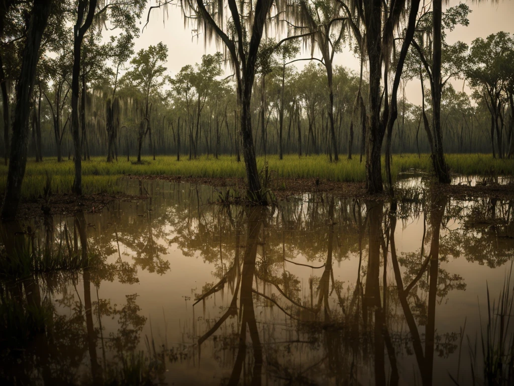 Swamp, dark, deserted, surrounded by trees, muddy swamp, drizzling rain