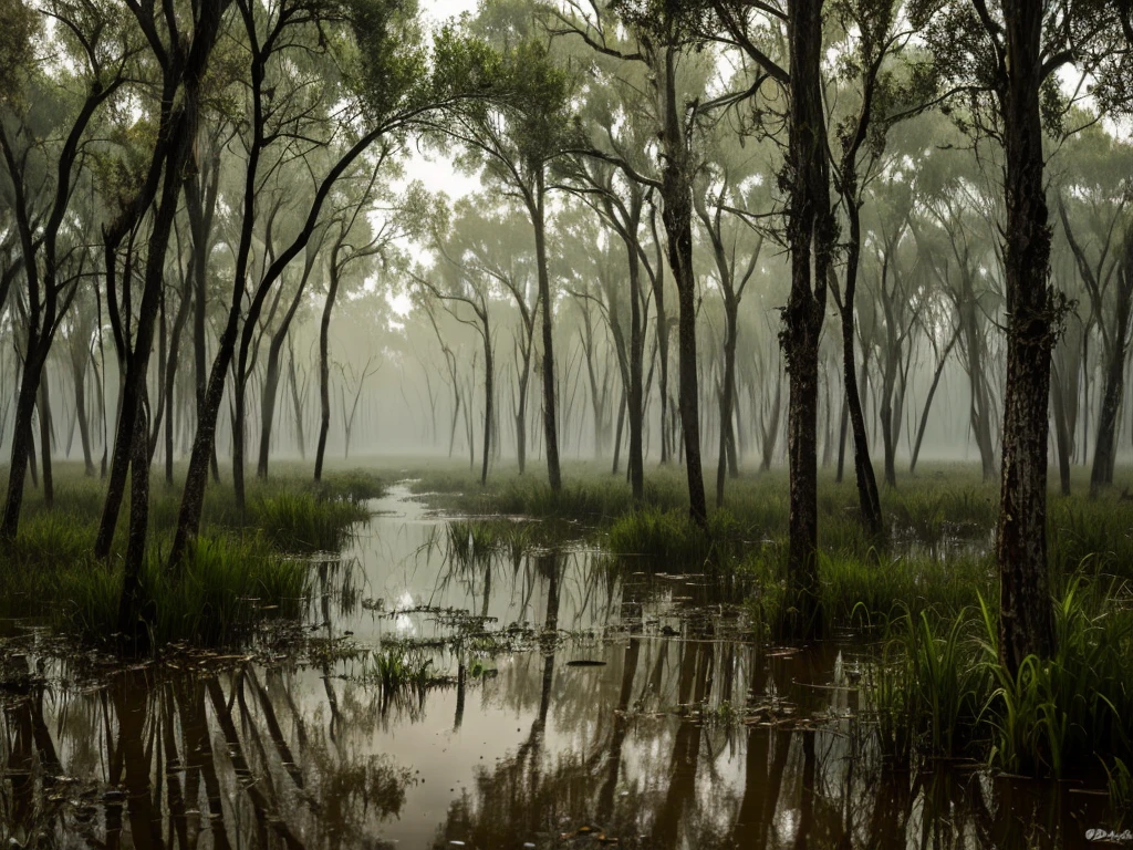 Swamp, dark, deserted, surrounded by trees, muddy swamp, drizzling rain