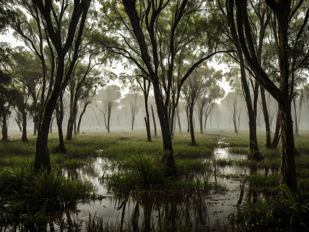Swamp, dark, deserted, surrounded by trees, muddy swamp, drizzling rain