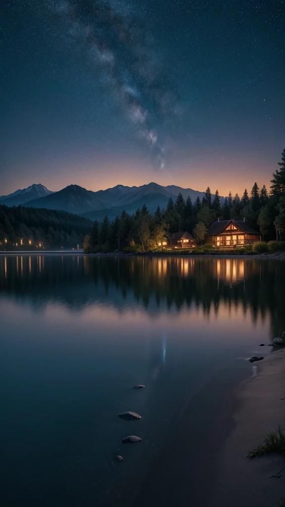 Por favor, generate images that capture the serenity and mystery of the early morning, reflecting the stillness and beauty of the night. Images must include elements such as a starry sky, the soft light of the moon, peaceful and natural landscapes, and perhaps a contemplative silhouette. Aesthetics should be calm and inspiring, complementing sentences that talk about gratitude, night reflections, and the work of the Creator.