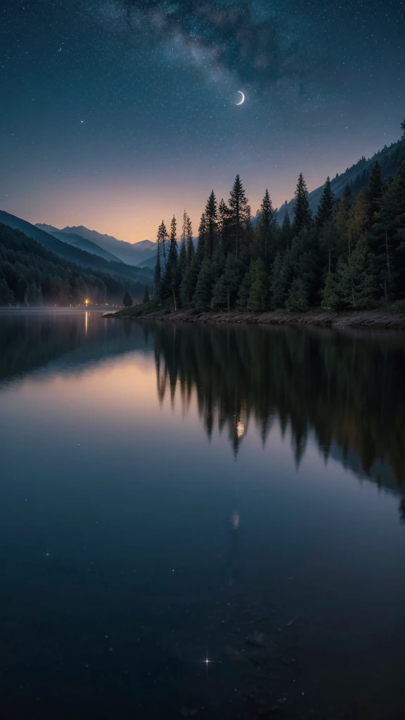 Por favor, generate images that capture the serenity and mystery of the early morning, reflecting the stillness and beauty of the night. Images must include elements such as a starry sky, the soft light of the moon, peaceful and natural landscapes, and perhaps a contemplative silhouette. Aesthetics should be calm and inspiring, complementing sentences that talk about gratitude, night reflections, and the work of the Creator.