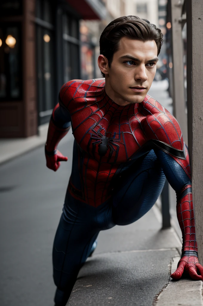A photograph of Spider-Man., sin mascara, the 20s, elegant, detailed face, looking to the camera, portrait, 8k HD, high quality