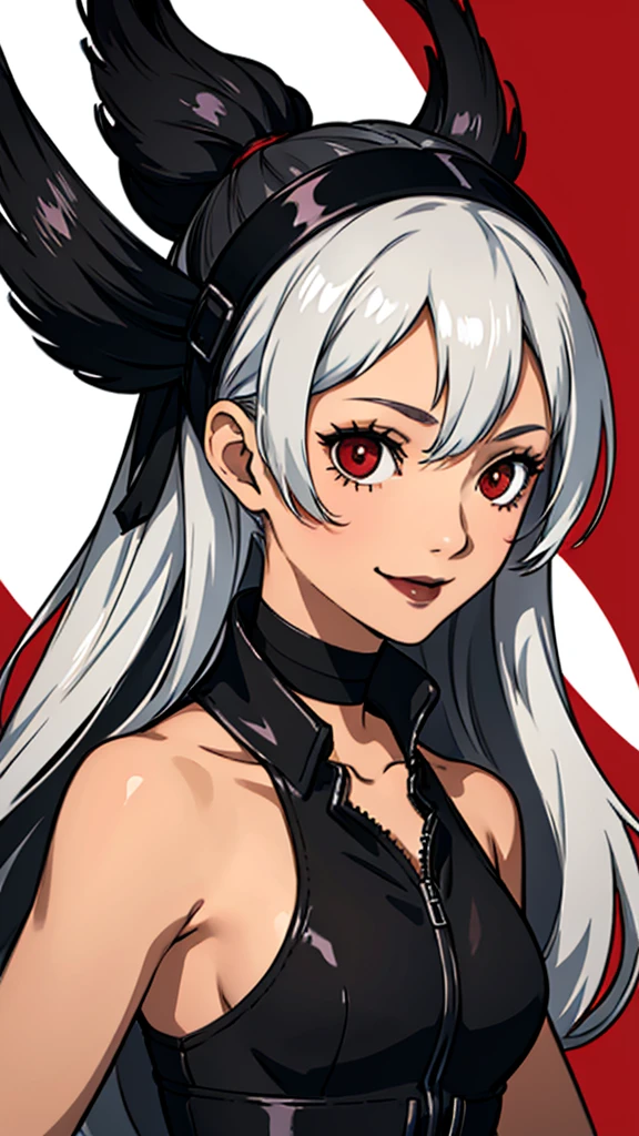 1 girl, Red eyes, long hair, black choker, black lipstick, smile, white hair, small breast, face portrait, bandeau, wheatskin