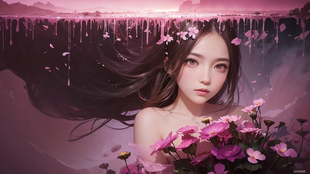 32k, Masterpiece, Highest quality, One girl, Detailed eyes, flower,Sandersonia, Pink and brown style,A dreamy, romantic piece,Pale pink, Mysterious Leaves,A playful arrangement,Fantasy,High Contrast,Ink strokes,explosion,Exposure, Impression of pink and brown tones,Abstract,((Watercolours by John Berkey and Jeremy Mann )) Brush strokes,Negative Space, Tyndall effect,