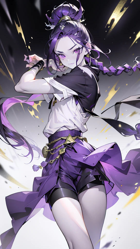 cheerful boy with open forehead. dark purple hair braided in a ponytail on the left side to one side. sinuous black horns wrapped in dark purple ribbon. pale violet eyes. in short dark purple shorts. long white T-shirt. dark purple knee-high socks. a white long robe with a hood flutters in the wind. black ancient stone walls of the castle purple light from lamps with gold ornaments