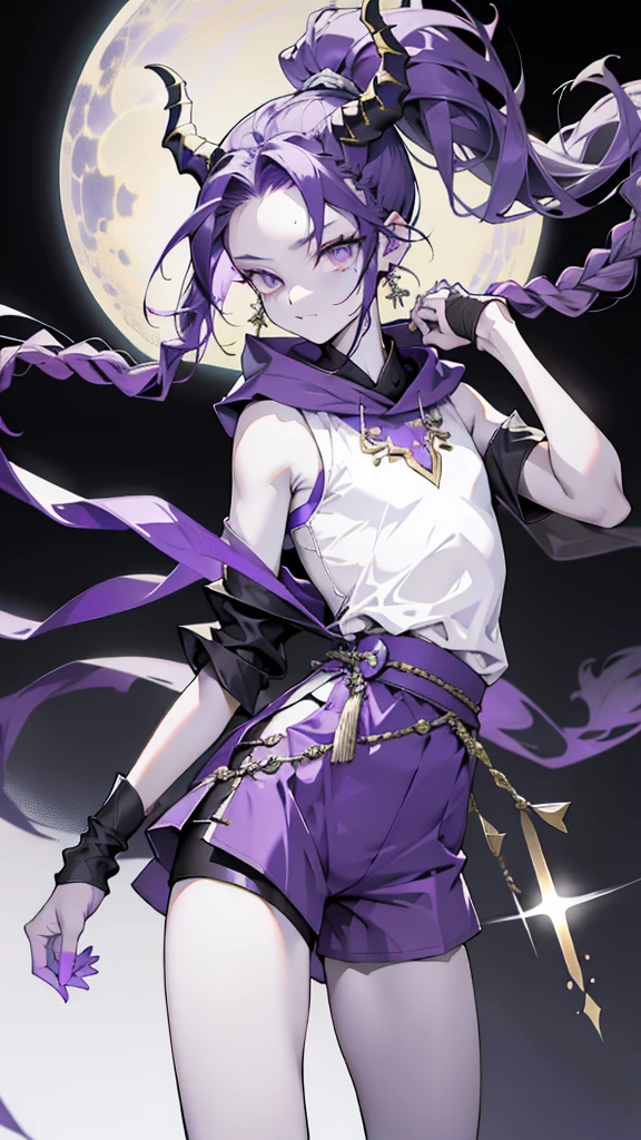 cheerful boy with open forehead. dark purple hair braided in a ponytail on the left side to one side. sinuous black horns wrapped in dark purple ribbon. pale violet eyes. in short dark purple shorts. long white T-shirt. dark purple knee-high socks. a white long robe with a hood flutters in the wind. black ancient stone walls of the castle purple light from lamps with gold ornaments