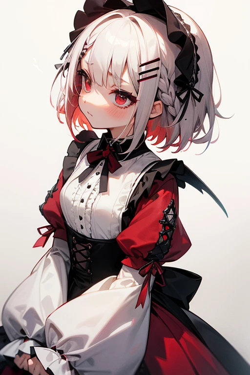 Short white hair, blush, Gothic ta、Punk Fashion、Headbang 2.、White and red clothes、Braiding、2 hair clips、