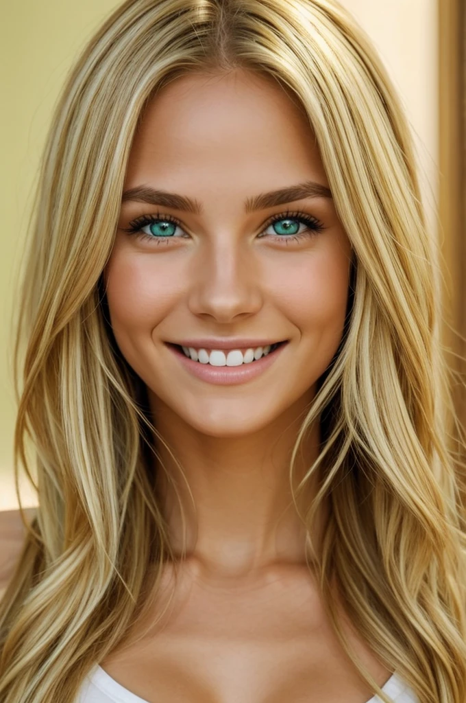 Cute girl with green eyes and blonde hair, nice body, beautiful smile, perfect nose