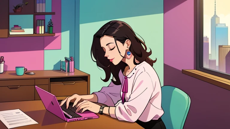 Beautiful dark-haired woman in her 30s sitting pink chair in an spacious and colorful office. looking down and closing her eyes, relaxed atmosphere, cozy, LOFI girl, alone in the room, white blouse, desk, documents, laptop, pen, watch, smartphone, stationery, wide glass window, only five fingers, New York, colorful, well-proportioned face, I can see skyscrapers outside the window, Colorful wall, pierced earrings, She is fashionable, ring, cabinet, In the background there are many desks and people, coffee