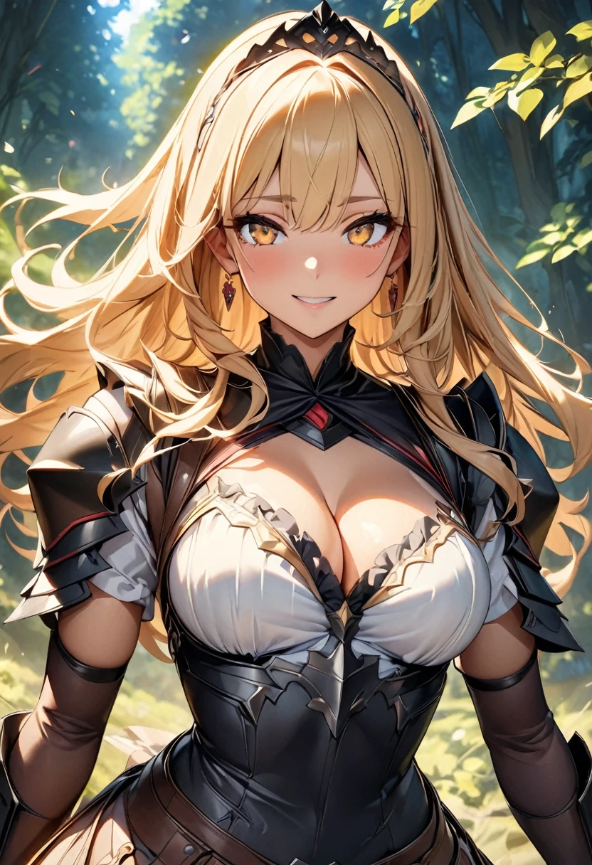 (Perfect Anatomy)、Mastepiece、Ultra High Quality、 8K、masterpiece、Highest quality、Ultra-high resolution、Maximum resolution、Very detailed、Professional Lighting、anime、Adult female、thin、so beautiful、Highly detailed eye、Highly detailed face、Armored Dress, Red and black armor, , Black decorated gorgeous tiara,Red earrings,Frilly Armor,Golden Hair, Golden Eyes,White underwear、forest、Bow and Arrow, Equipped with a bow and arrow, female archer, Archer, Defeat the enemy on the battlefield, happy, 独奏 / 1girl、Cleavage、Overall view