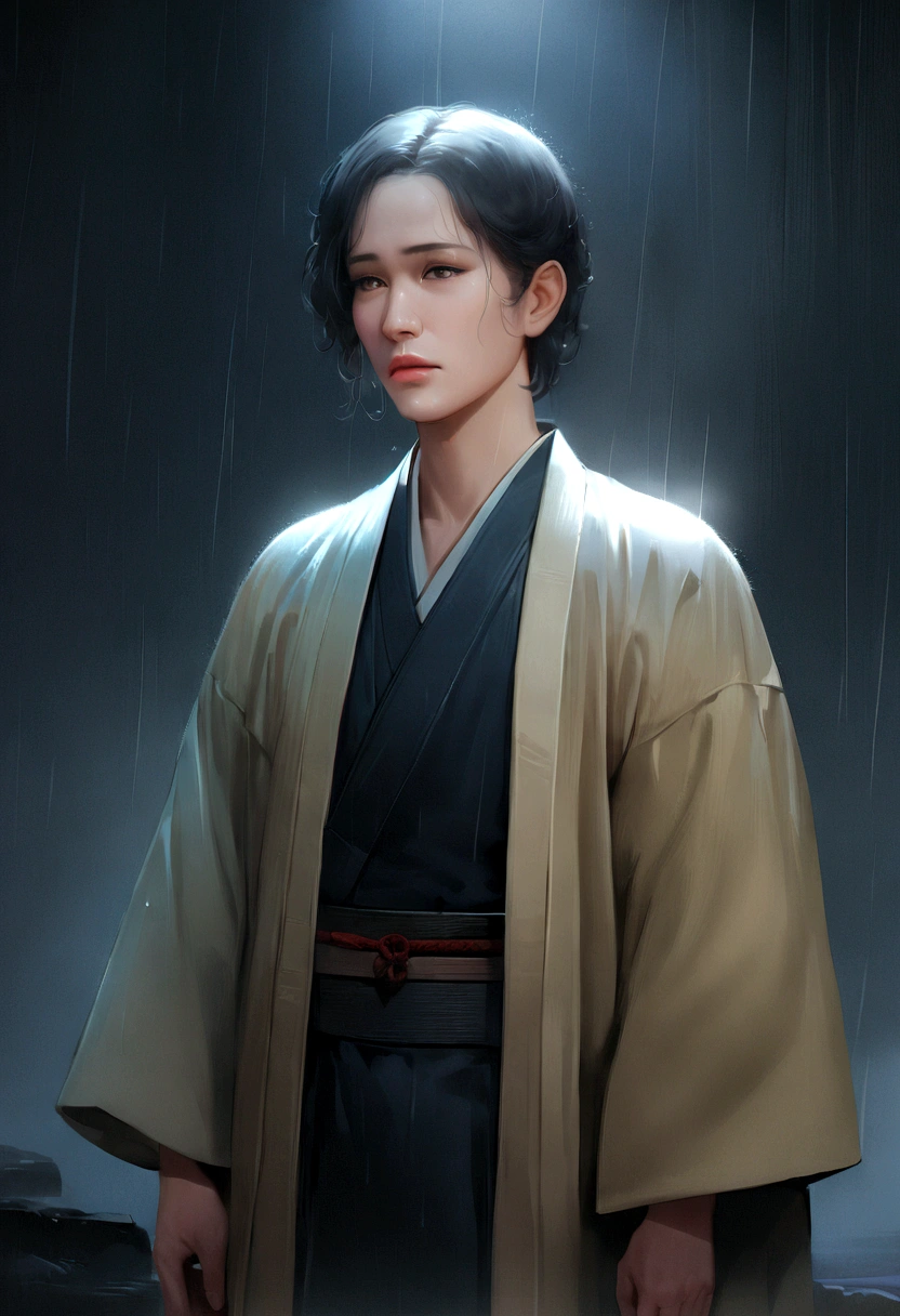 (highres, realistic, 4k, ultra-detailed, masterpiece:1.2),cowboy shot (no hat:1.5), 1 boy, glowing green eyes, black hair, ((bob hair)), KImono, Japanese clothes, fox mask, ((in the night)), rainy sky, dramatic lighting, silent lonliness, vivid colors, enchanting beauty, sad, depressed, long hair, onnagata, fancier kimono