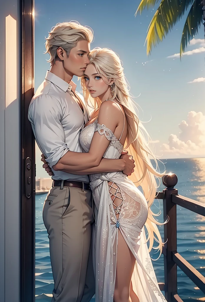 A warm summer evening, sunset, light breeze, a couple kissing and hugging on the deck of a luxury yacht: 1 woman (an incredibly beautiful young femme blonde with blue eyes and long golden hair reaching to the waist, she is wearing a beautiful shimmering silk dress with thin lace, romantic appearance) and 1 man (tall, a handsome, handsome, masculine, athletic young man is platinum blond, he has blue eyes, tanned skin, long straight platinum hair, he is dressed in a light shirt and trousers). The ocean breeze. Masterpiece, perfect image, realistic photos, full-length image, 8K, detailed image, extremely detailed illustration, a real masterpiece of the highest quality, with careful drawing. glow. In full growth. they are in love with each other.