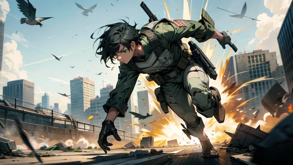 1men, short black hair, green eyes, wearing american soldier uniform, guns, shooting, running, bird, explosions, war torn city, daylight, absurdres, high res, ultrasharp, 8K, masterpiece, looking at viewer