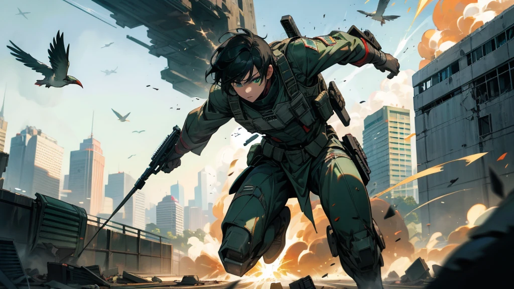 1men, short black hair, green eyes, wearing american soldier uniform, guns, shooting, running, bird, explosions, war torn city, daylight, absurdres, high res, ultrasharp, 8K, masterpiece, looking at viewer