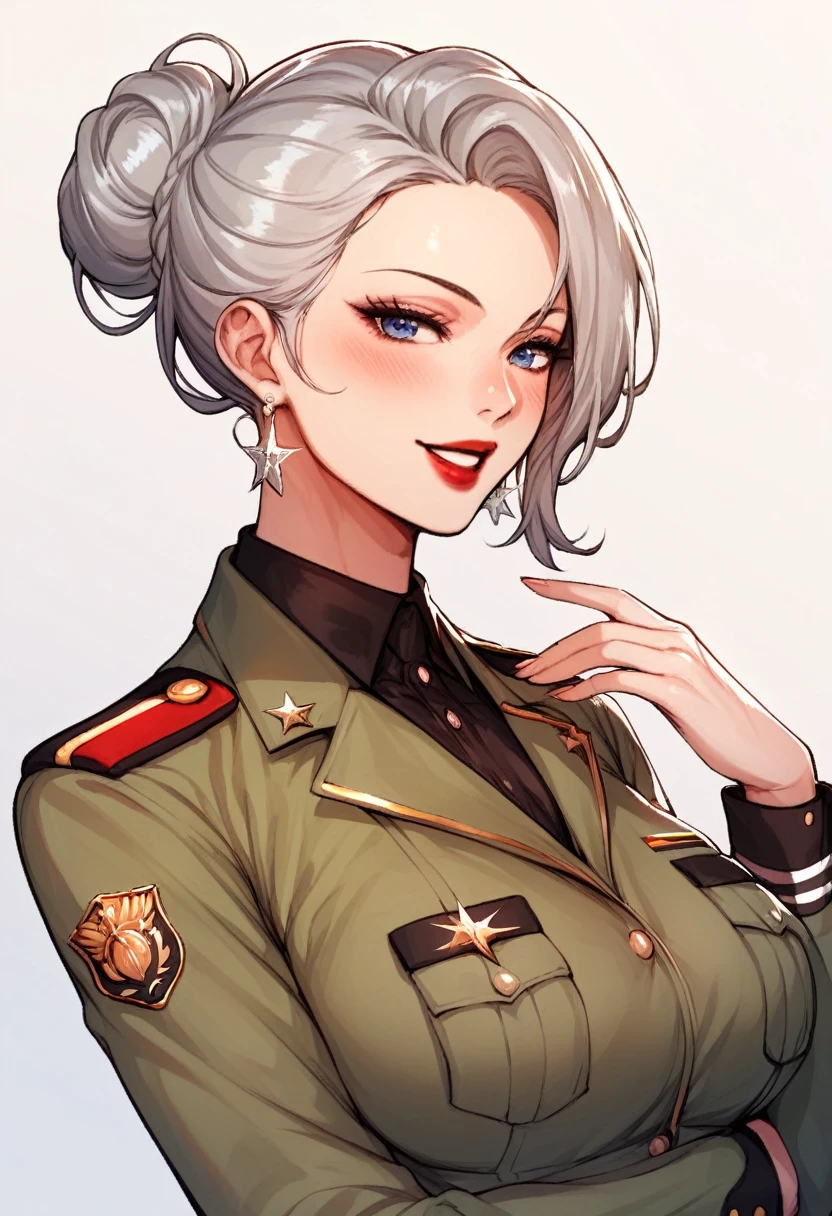 Hot sexy beautiful one women military officer commanding soldier on battlefield, long silver chandelier earrings,big breasts, ,grey hair , hair bun,blush,blue eyes, smiling,red lipstick, military sergeant uniform