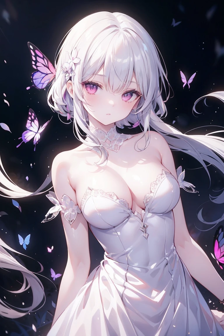 (masterpiece, top quality, best quality, official art, beautiful and aesthetic:1.2),cover art,
sleek,dark,highly detailed,Dynamic Angle,Dynamic posture,
high gloss,extremely beautiful skin,natural skin texture,(Milky skin:1.2),(shiny skin:1.4),1gir,solo,
(dark black and light magenta butterflies:1.2),
White lace dress, strapless dress,
Depth of field, blurred background, dark forest background,