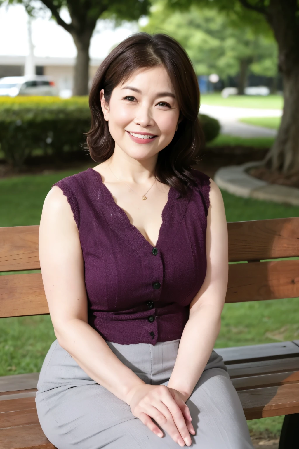 最high quality, In 8K, Masseter region, real, Sharp focus, high quality, High resolution, Detailed face, Fine grain, Thick lips, Background Blur, alone, Full body photography, Middle-aged women, , 65 years old, , Wavy Hair, Cleavage, Wearing a plain short-sleeved knit, Sitting on a park bench, Wrinkles around the eyes, Smiling with teeth showing