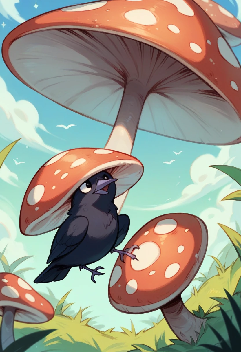 Crow eating a mushroom that has an eye