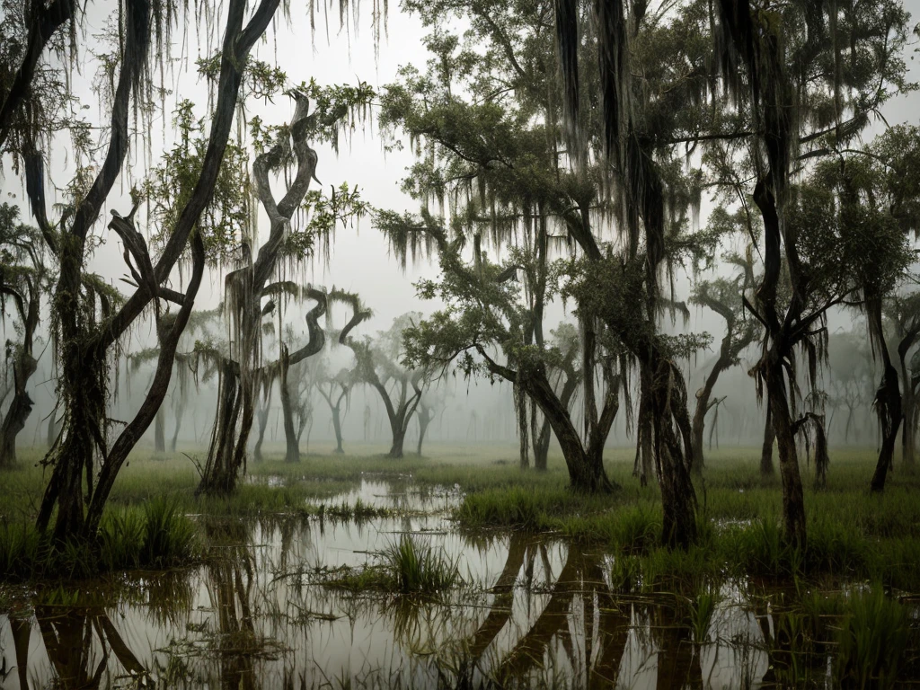 Swamp, gloomy atmosphere, deserted, surrounded by dead trees, muddy swamp, drizzling rain